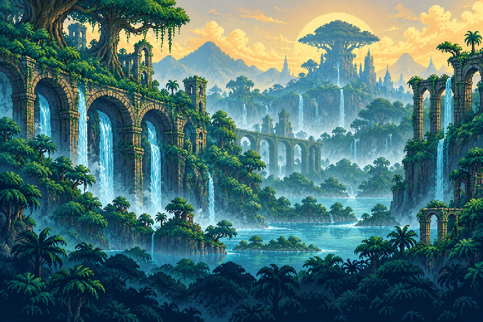Pixel-art jungle ruins at sunset